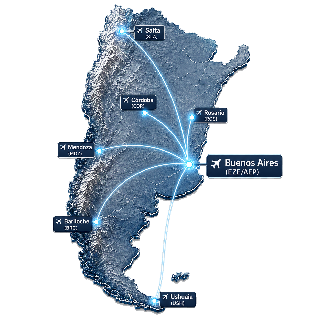 Mapa de cobertura de TAS Aviation en Argentina: Buenos Aires (Ezeiza/Aeroparque), Córdoba, Mendoza, Rosario, Bariloche y Salta
