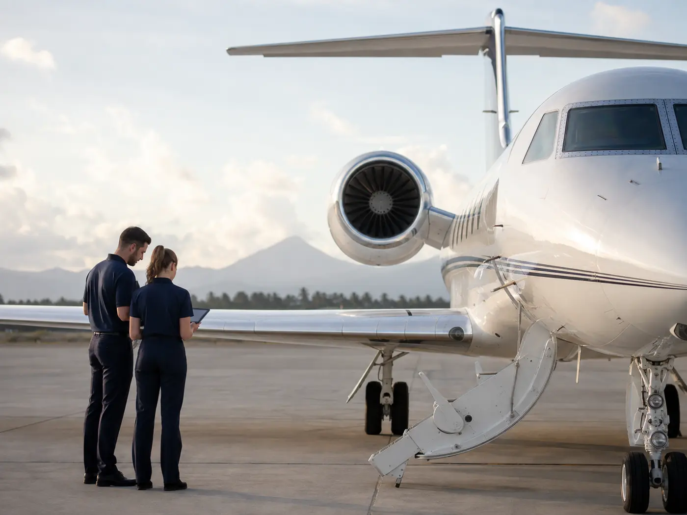 Equipo profesional coordinando servicios de ground handling junto a un jet ejecutivo